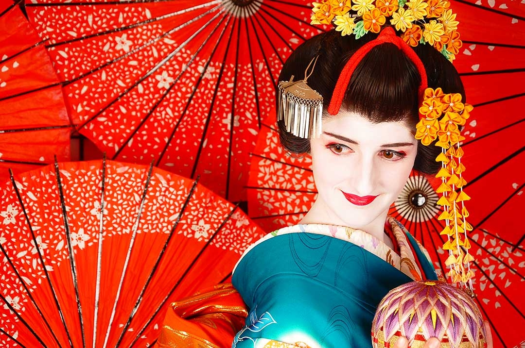 Beautiful Maiko Geisha costume and makeup in the Kyoto studio shoot