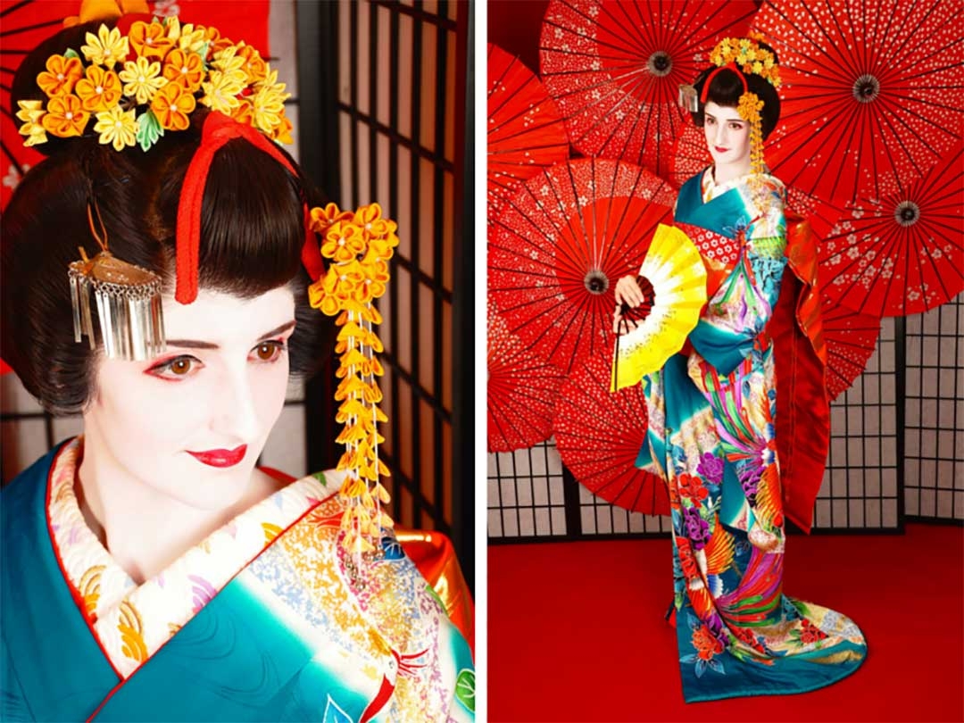 Beautiful Maiko Geisha costume and makeup in the Kyoto studio shoot