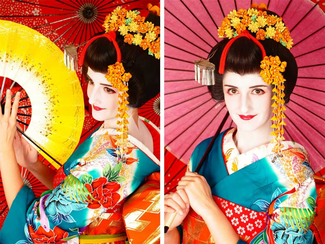 Beautiful Maiko Geisha costume and makeup in the Kyoto studio shoot