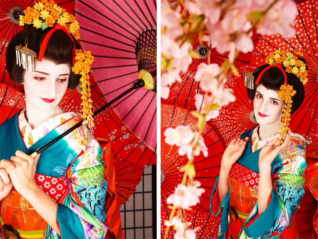 Beautiful Maiko Geisha costume and makeup in the Kyoto studio shoot