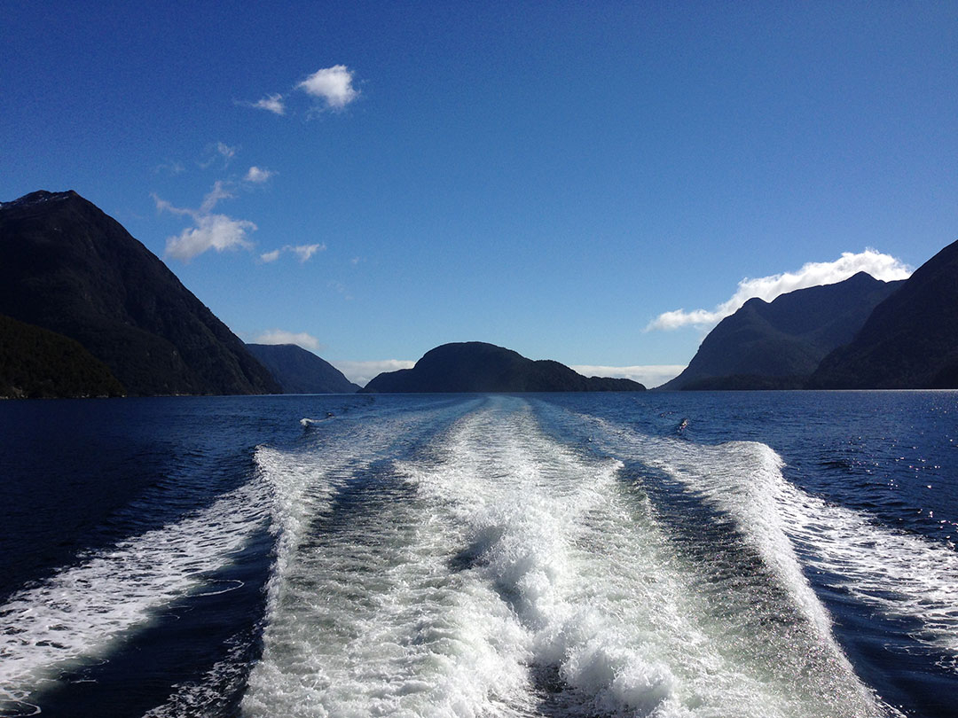 View from the back of the Catamaran, looking out over the peaceful, calm waters of Doubtful Sound with the snow-capped mountains and fjords in the background in New Zealand