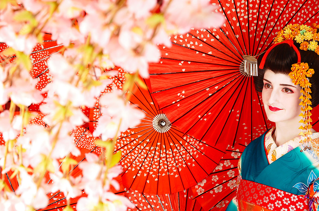 Beautiful Maiko Geisha costume and makeup in the Kyoto studio shoot