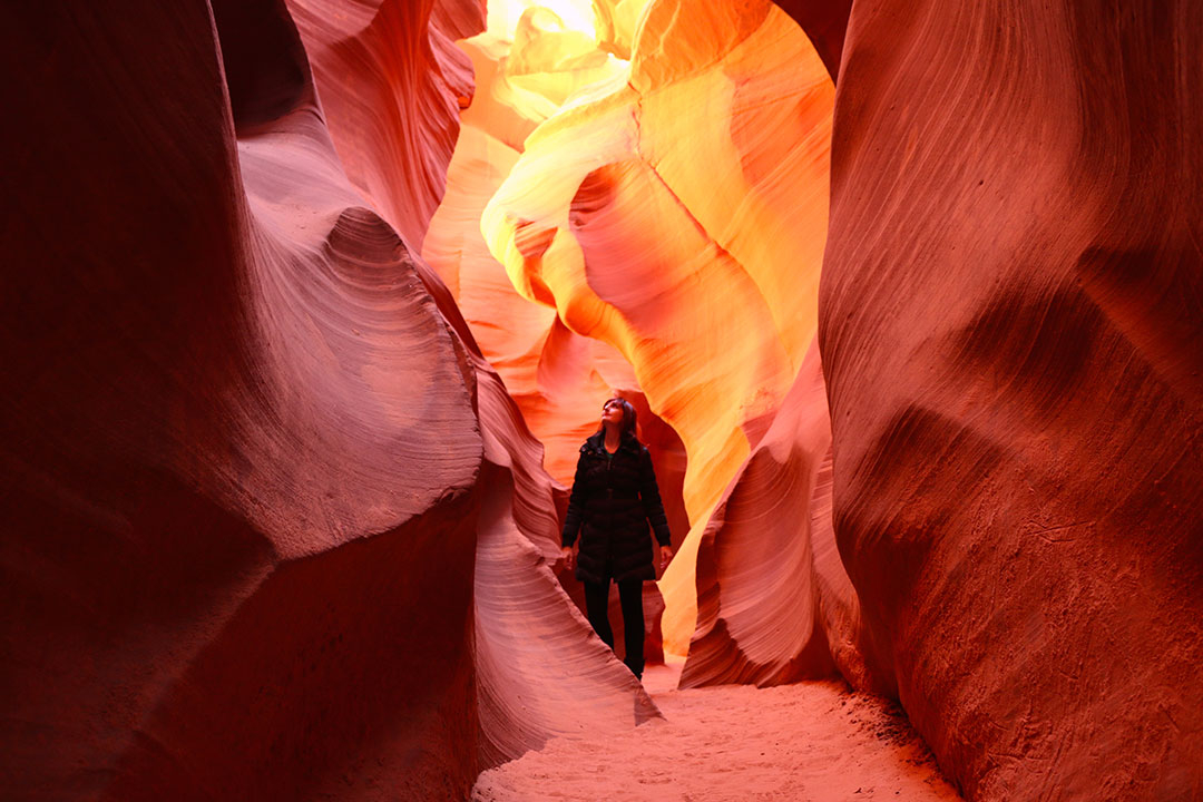 Bright yellow, orange and red colours of Antelope Canyon