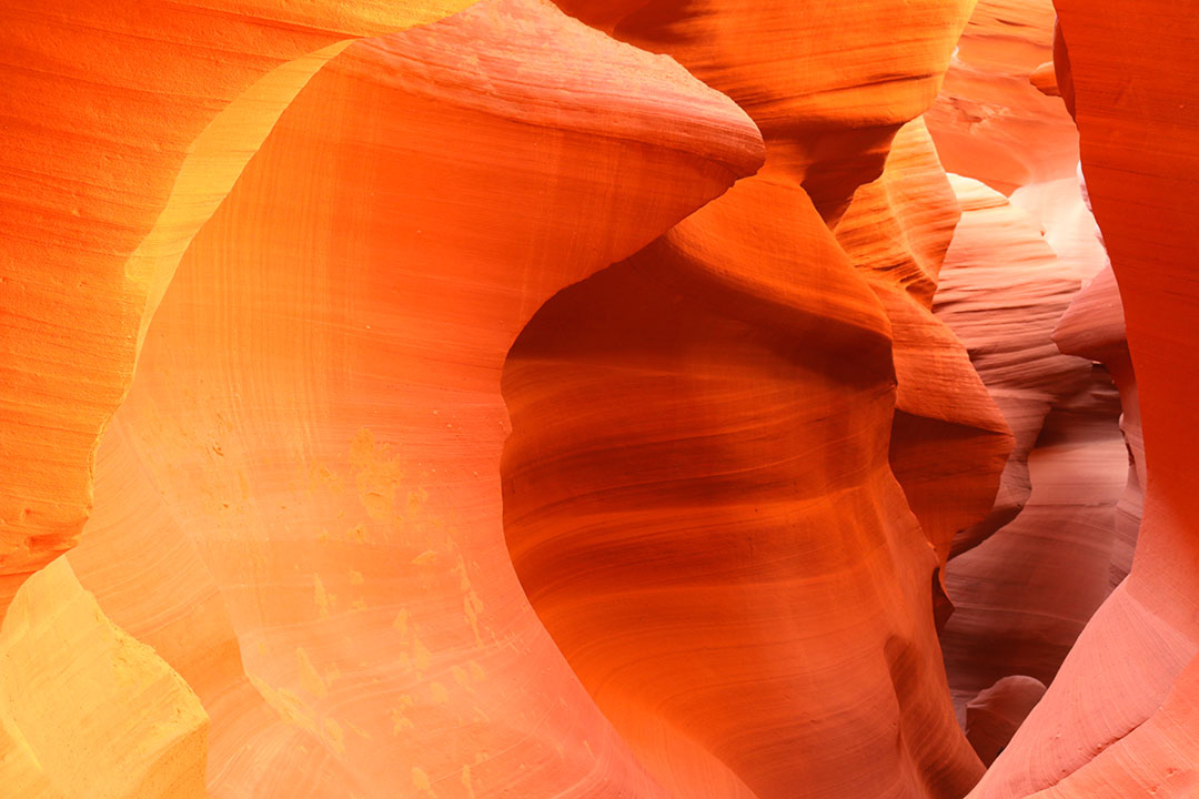 Bright yellow, orange and red colours of Antelope Canyon