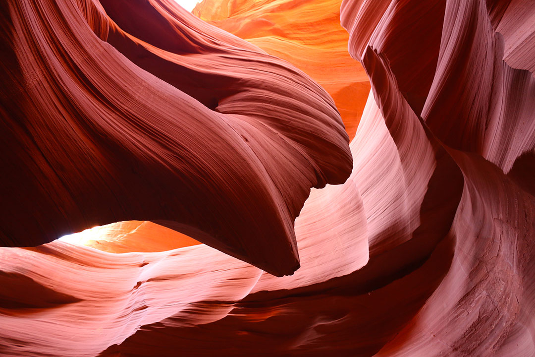 Bright yellow, orange and red colours of Antelope Canyon