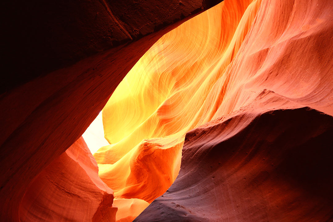 Bright yellow, orange and red colours of Antelope Canyon