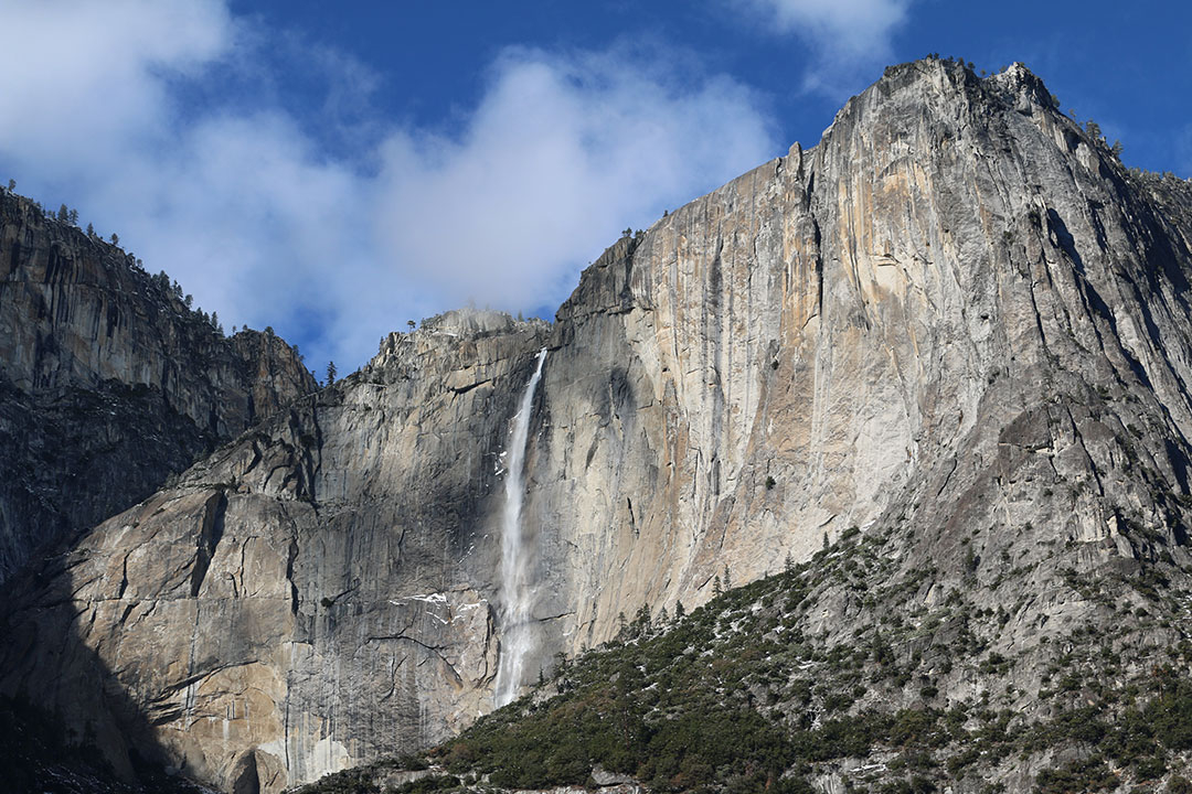 The grand Upper Yosemite Falls from the ground view with a blue sky and white fluffy clouds