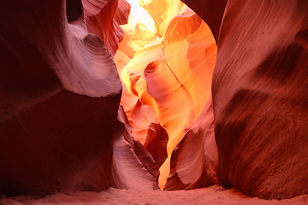 Bright yellow, orange and red colours of Antelope Canyon