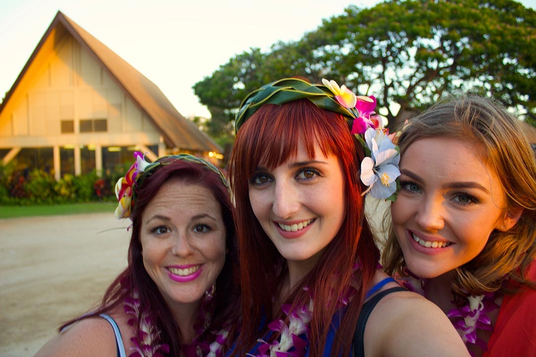 Hollie, myself and Gabi - Friends at the Luau with hand woven head-dresses and flowers in our hair