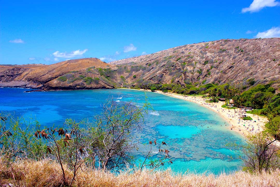 Stunning colours of Hanauma bay with the rugged mountains in the background against a bright blue sky