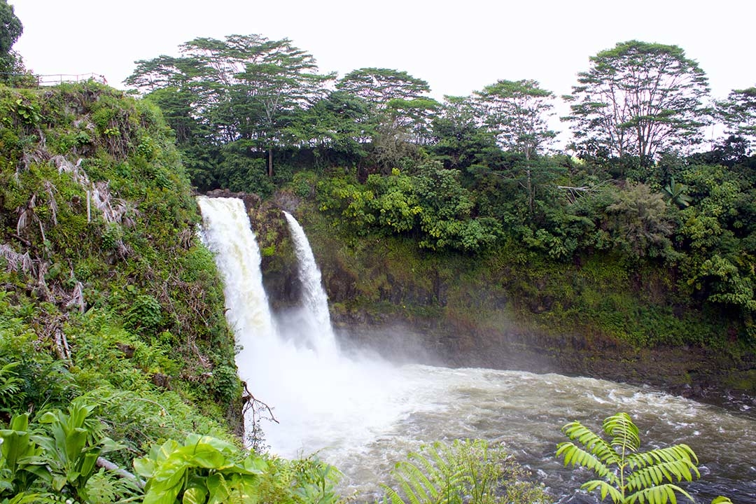 Rainbow Falls Lookout with a beautiful waterfall flowing on an overcast day