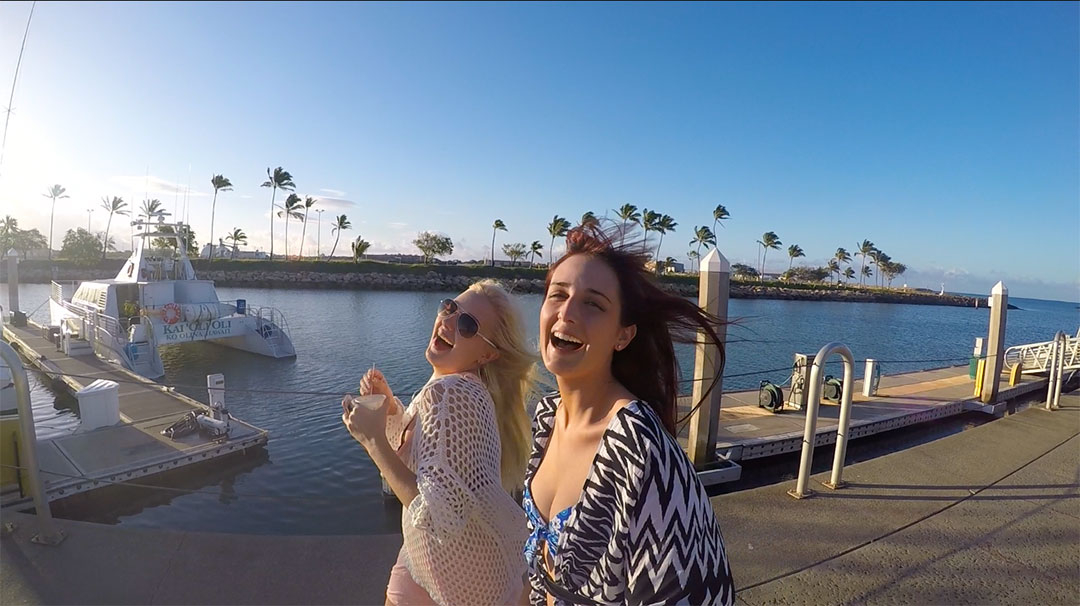 Keidi and I laughing while walking along the pier in the sunshine on a perfect day