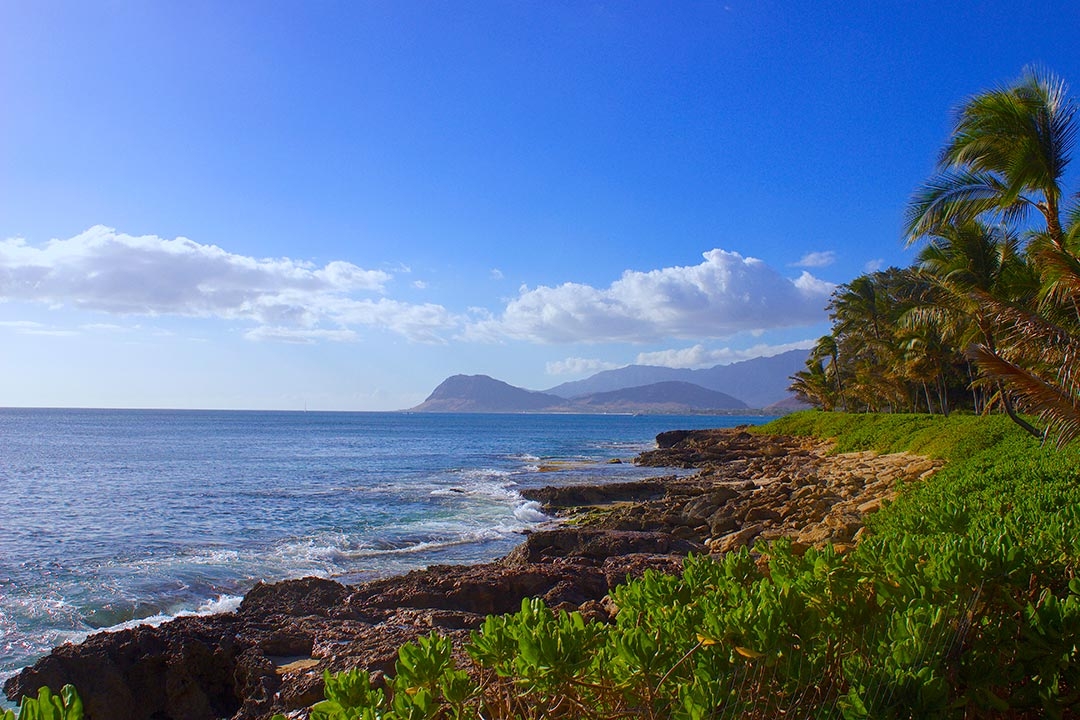 Punaluu Black Sand Beach with the ocean waves crashing and mountains in the background