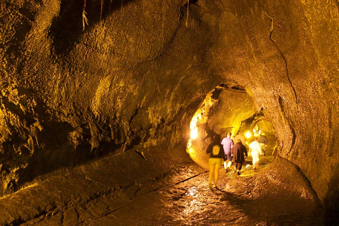 A group of tourists walking through Thurston Lava Tubes lit up by warm yellow lights