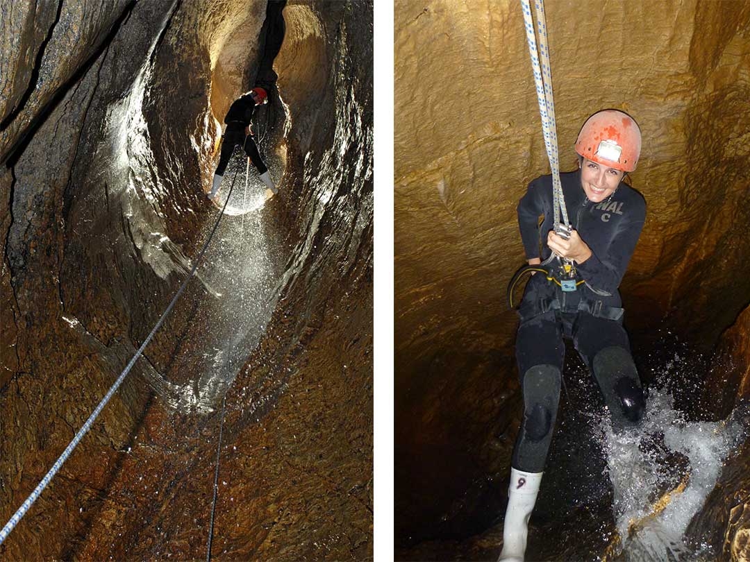 Me abseiling down an underground waterfall - view from the base of the waterfall on the left and view from above on the right