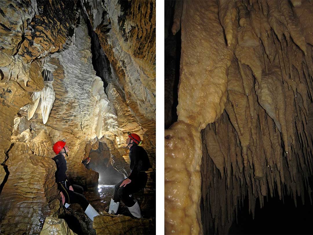 Two group members looking up at the stalactites on the ceiling of the wet cave on the left, and a close up shot of the stalactites on the right