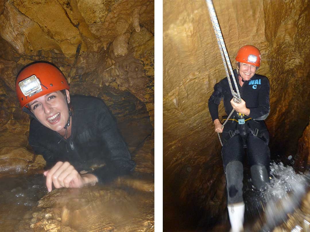 Me on the left crawling through one of the tiny passageways in the underground cave. Mum on the right abseiling down the underground waterfall.