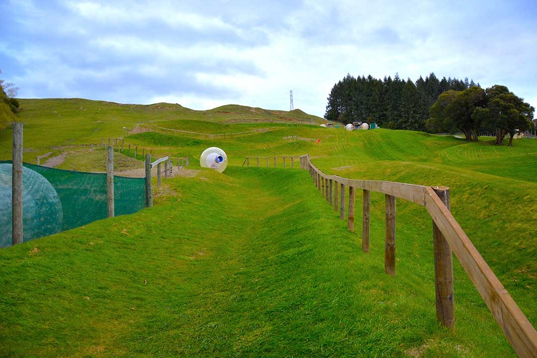 Our OGO zorbing ball rolling down the grassy zigzag path in Rototua, New Zealand