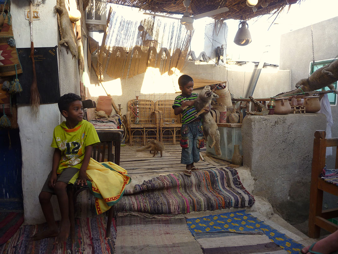 Local Nubian village boy with his scary stuffed animal toy inside his home decorated with rugs and wall ornaments in Egypt