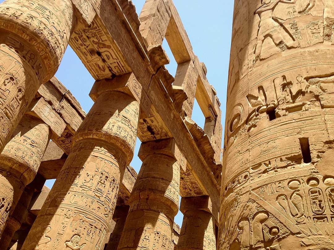 Incredible intricate carvings on pillars as part of Hatshepsut's temple in Egypt