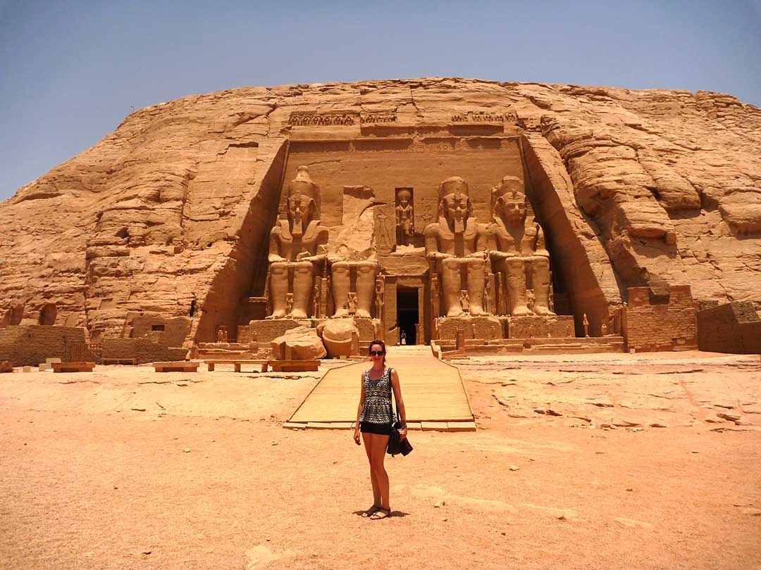 Me standing out the front of Abu Simbel in Egypt on a really hot summer day