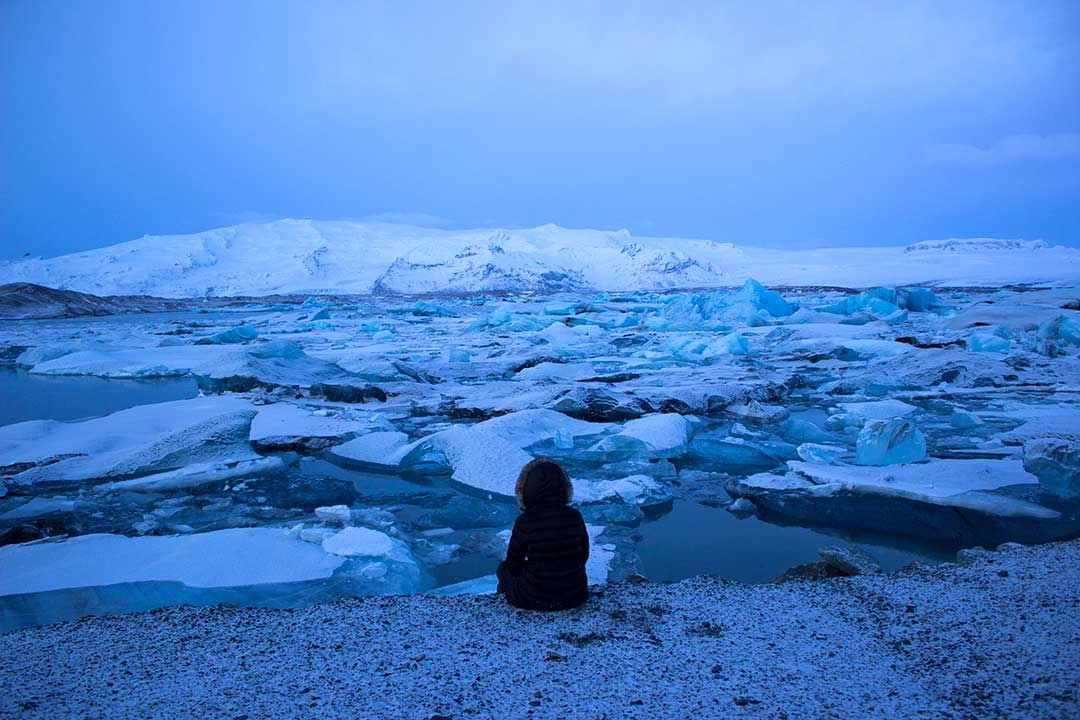 Jokulsarlon Glacier Lagoon at sunrise with blue icebergs