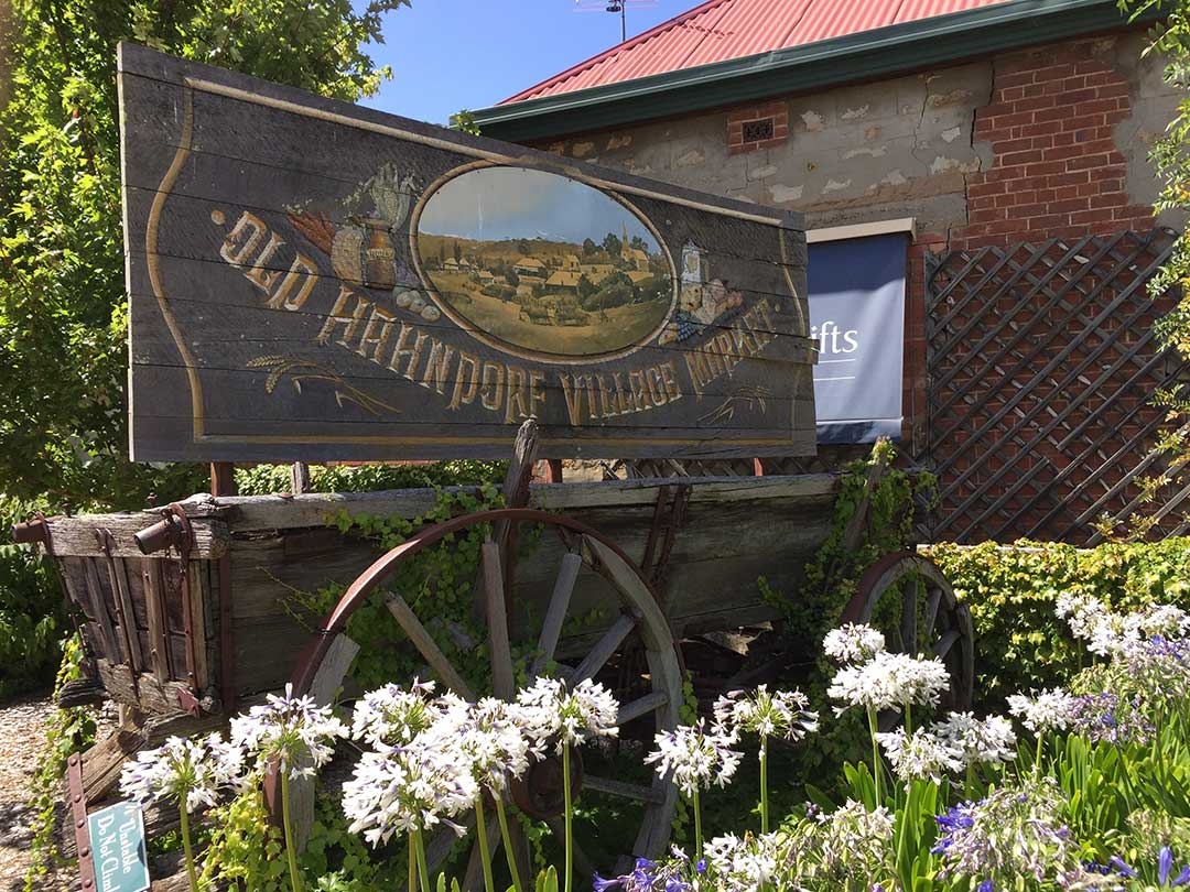 Little town of Hahndorf in the Adelaide Hills with old signs and pretty flowers