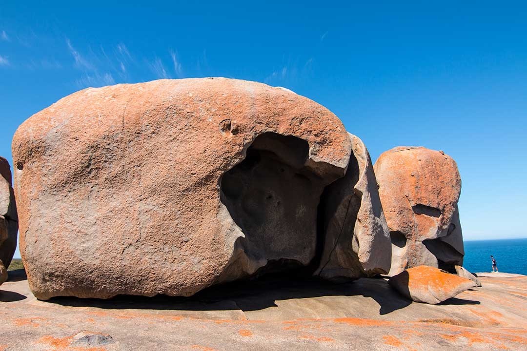 Beautiful orange Remarkable Rocks against a perfect blue background on Kangaroo Island day trip from Adelaide, South Australia