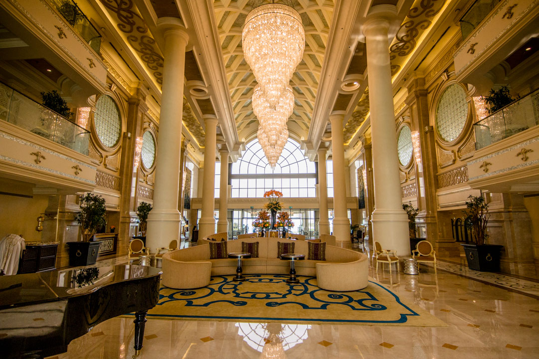 Ritz-Carlton Abu Dhabi Lobby with three grand chandeliers